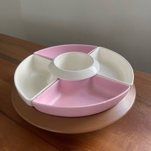 Vtg California Pottery Lazy Susan Divided Snack Serving Tray 6 Piece Pink White
